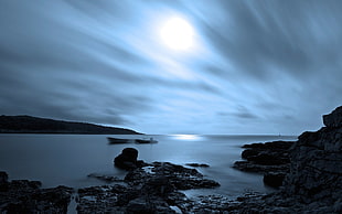 gray rock formation, sea, night, nature, long exposure HD wallpaper