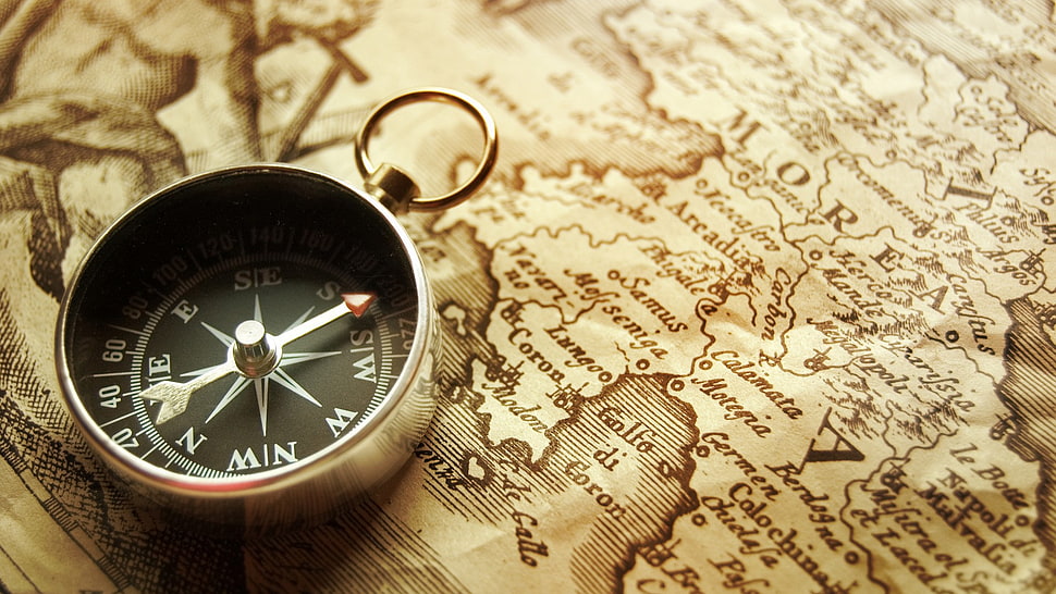 black and silver-colored compass, compass, map, old, vintage HD wallpaper
