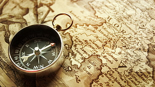 black and silver-colored compass, compass, map, old, vintage HD wallpaper