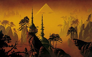 tower on cliff digital wallpaper, fantasy art, Roger Dean, temple, cliff