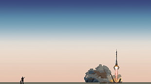 man standing near rocket launching illustration, Soyuz, minimalism, lift off, rocket