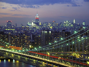 black and gray suspension bridge, city, cityscape, bridge, night HD wallpaper