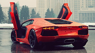 red Lamborghini Gallardo, Lamborghini, Lamborghini Aventador, rain, red cars HD wallpaper