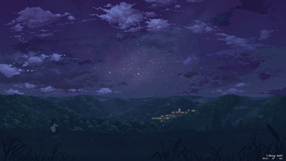 anime, night, landscape, stars HD wallpaper