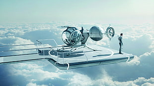 man standing with aircraft above clouds digital wallpaper