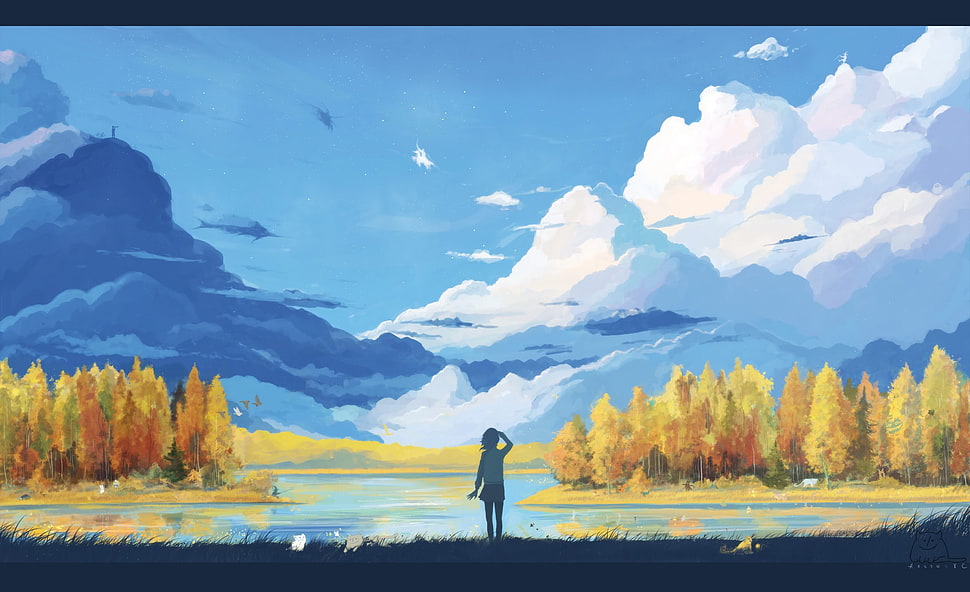 person near mountain painting, anime, landscape, nature, fantasy art HD wallpaper