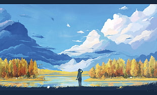 person near mountain painting, anime, landscape, nature, fantasy art
