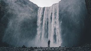 man and waterfalls, waterfall, nature, water, rock
