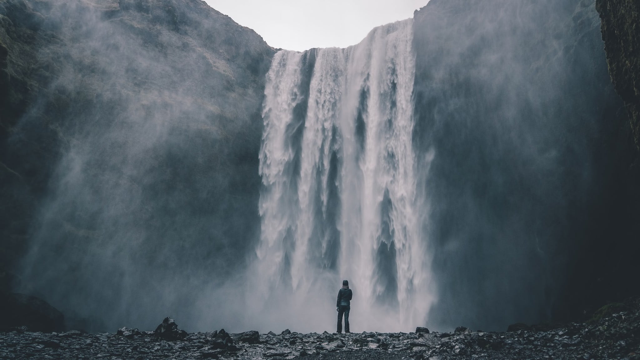 man and waterfalls, waterfall, nature, water, rock HD wallpaper.