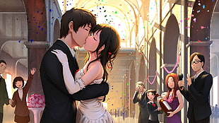 man and woman anime character kissing in the weeding ceremony HD wallpaper