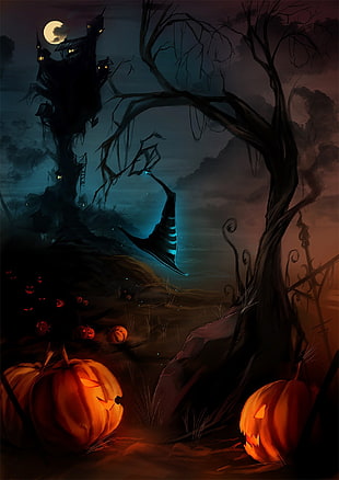 black witch hat illustration, Halloween, pumpkin