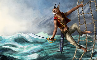 fox pirate holding cutlass while hanging on sailing ship rope with a view of ocean waves painting