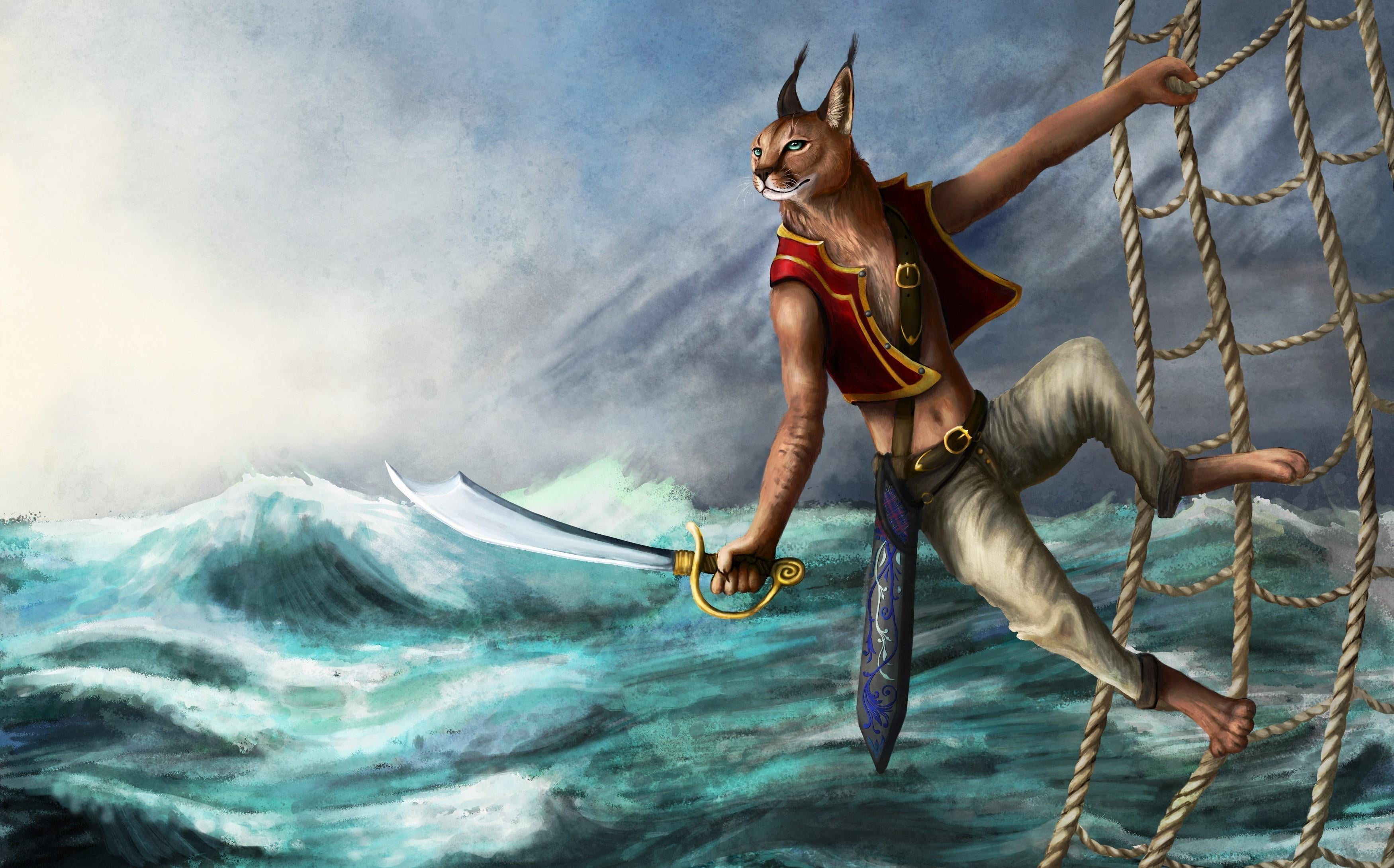 Fox Pirate Holding Cutlass While Hanging On Sailing Ship Rope With A View Of Ocean Waves Painting Hd Wallpaper Wallpaper Flare
