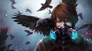 brown haired man with gas mask and crow on his shoulder illustration HD wallpaper