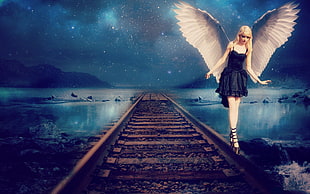 angel walking on train railways digital wallpaper, digital art, fantasy art