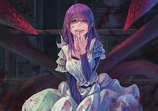 purple haired female anime character illustration