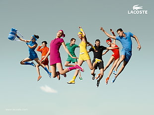 group of people wearing Lacoste polo dress and shirts jump shot photo HD wallpaper