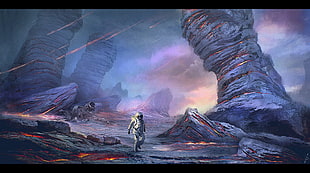 man walking in deserted island digital wallpaper, metalanguage, artwork, digital art, science fiction HD wallpaper