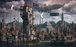 video game wallpaper, steampunk, town, Zeppelin, tower