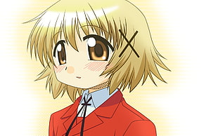 female wearing red notch lapel top anime character