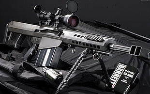 black and gray sniper rifle with scope on black bag HD wallpaper
