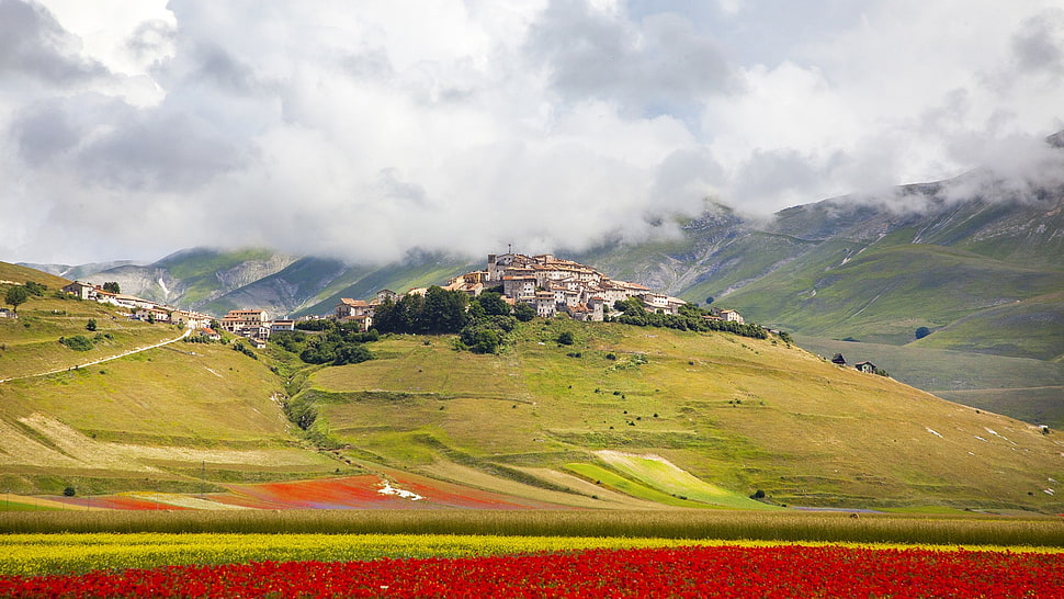 green hill, landscape, nature, architecture, clouds HD wallpaper