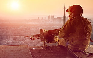 soldier holding machine gun white sitting during daytime