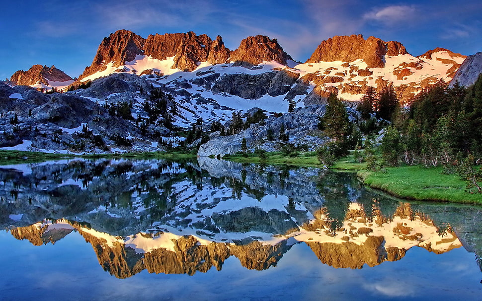 brown mountains, nature, reflection, mountains, snow HD wallpaper