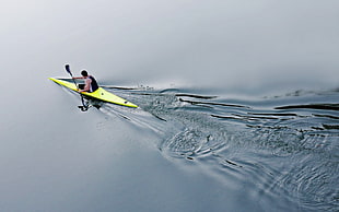 yellow kayak, kayaks, water, ripples