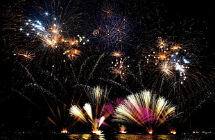 multicolored fireworks, fireworks, New Year, holiday, lake