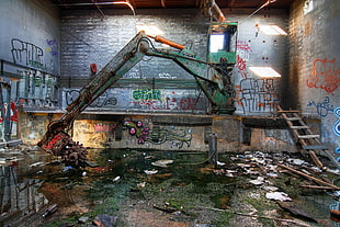 machine near concrete wall illustration, building, ruin