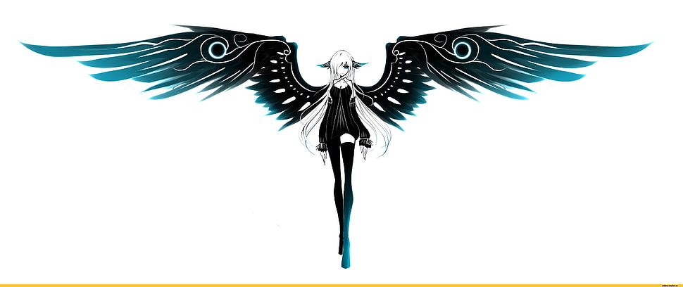 female white haired anime character, angel, wings, white hair, black dress HD wallpaper