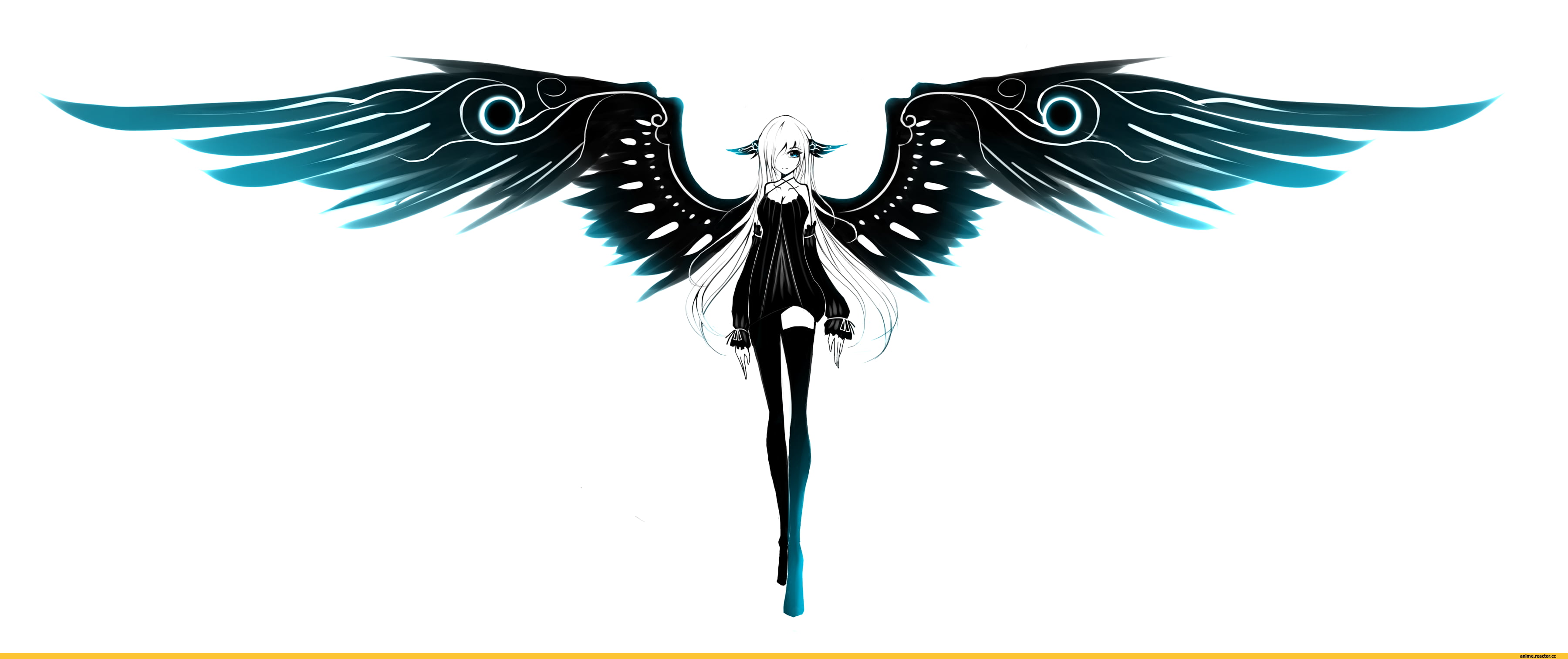 female white haired anime character, angel, wings, white hair, black dress