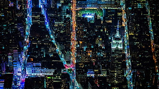 city buildings, New York City, night, street, city