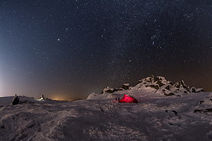 red dome tent, stars, snow, tent, landscape