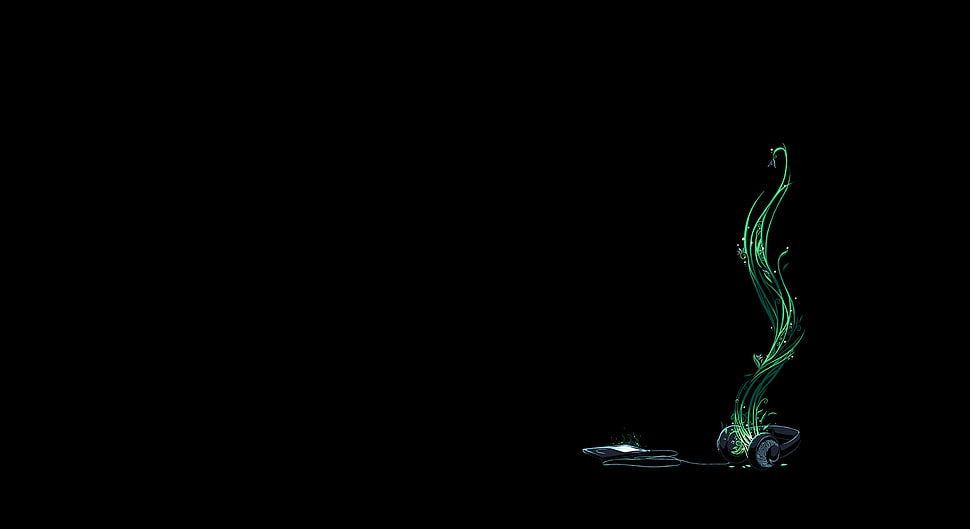 green plant and black headphones illustration, minimalism, headphones, black background HD wallpaper