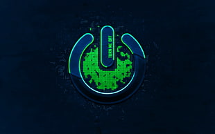 blue and green power button, computer, digital art, blue background