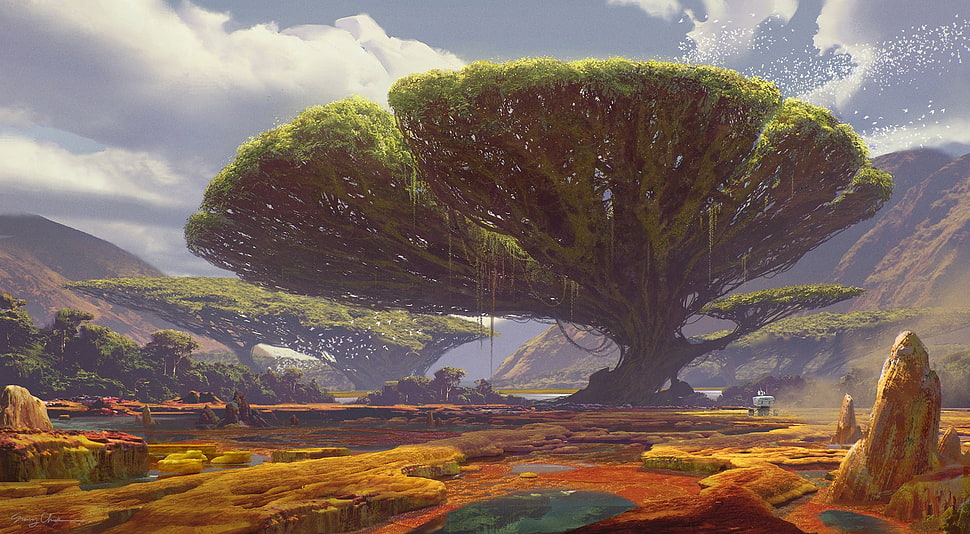 tall green tree digital art, landscape, artwork, trees HD wallpaper