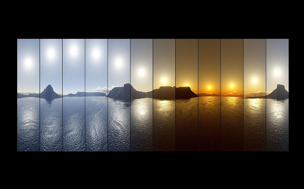 island silhouette, sunset, sea, reflection, collage HD wallpaper