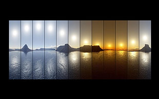 island silhouette, sunset, sea, reflection, collage