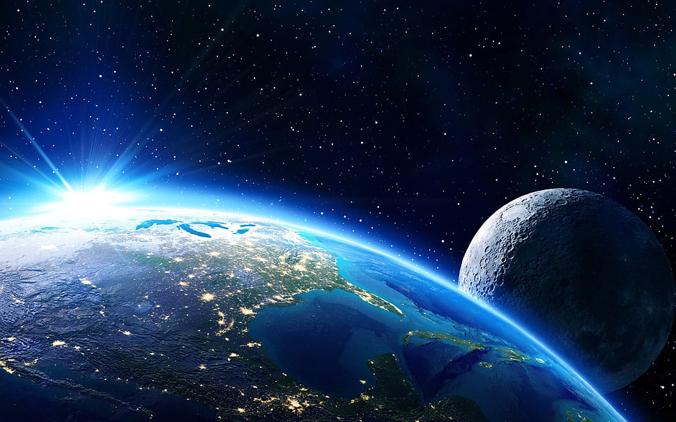 planet earth with moon revolving around HD wallpaper