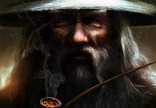 men's beige hat, fantasy art, Gandalf, pipes, wizard HD wallpaper