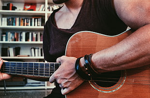 brown acoustic guitar, Guitar, Hand, Musical instrument