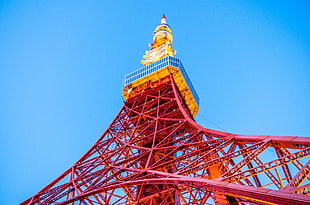 red and yellow tower, Japan, Tokyo Tower, worm's eye view, sky