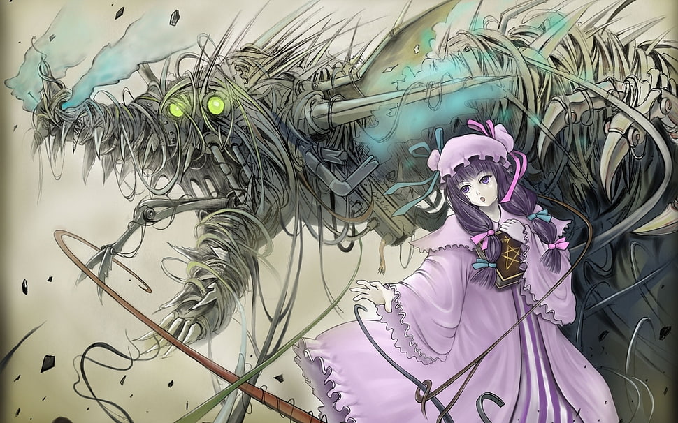 purple haired anime girl and dragon digital wallpaper HD wallpaper