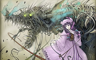 purple haired anime girl and dragon digital wallpaper