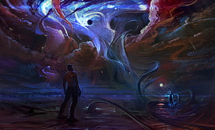 two person standing under aurora painting, artwork, fantasy art, concept art, stars
