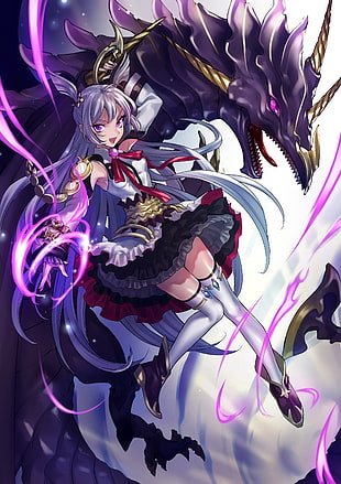 gray haired female anime character wallpaper, dress, dragon, thigh-highs, white hair