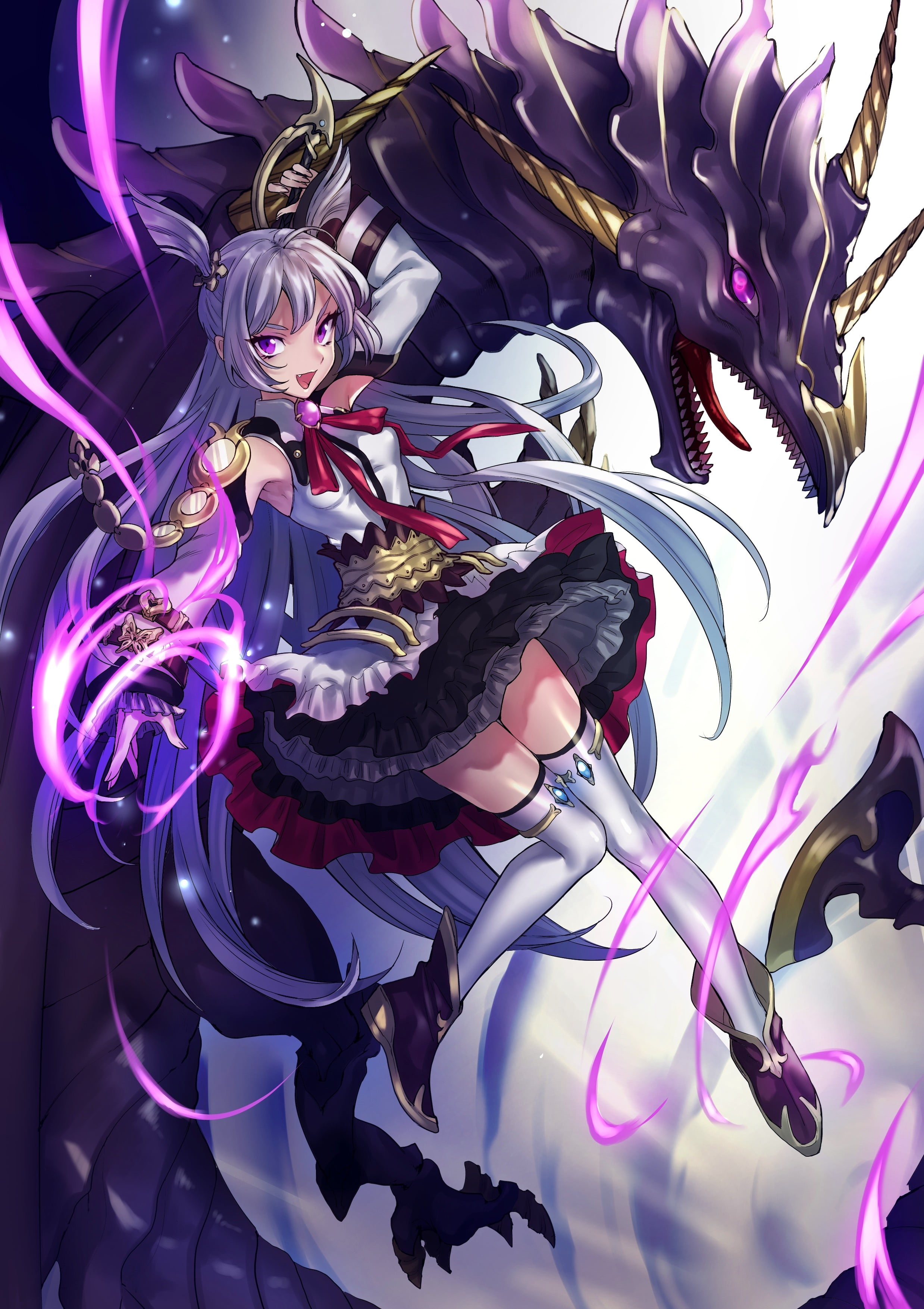 gray haired female anime character wallpaper, dress, dragon, thigh-highs, white hair
