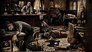 man in the bar surrounded by death people on the ground painting, Red Dead Redemption, video games